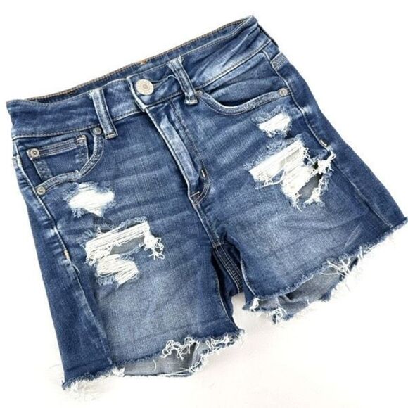 American Eagle Hi Rise Shortie Shorts Cut off Jean Shorts size 0 stretch - Picture 1 of 7